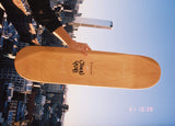 Artist's hand featuring John Yuyi holding skateboard against picturesque NY skyline.