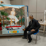 artist mr. wash (fulton leroy washington) next to his painting in Palm Springs