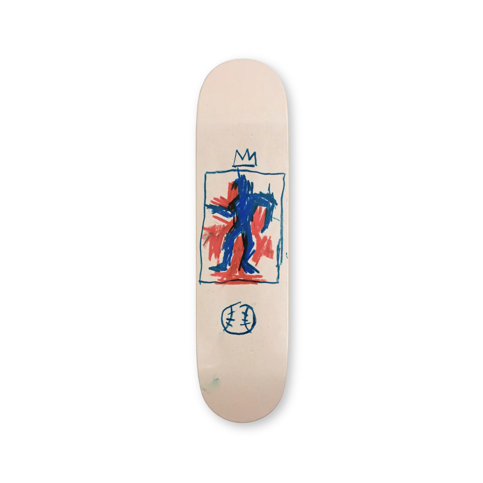 Jean-Michel Basquiat’s King of Baseball on a solo skateboard deck — featuring a crowned figure with expressive line work and color.