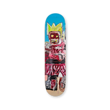 Solo skate deck with Jean-Michel Basquiat’s Untitled, 1981 — bold black and red markings on a light wood grain background.