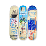 Triptych skateboard deck set featuring Jean-Michel Basquiat’s Charles the First, 1982 — iconic crown, bold text, and layered symbolism.
