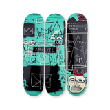 Set of 3 skate decks featuring Jean-Michel Basquiat’s Equals Pi, 1982 — vibrant mathematical and anatomical symbols spread across the triptych.