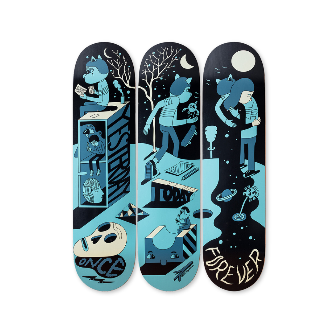Jeremyville's Yesterday, today, forever hand signed skateboard art by the skateroom