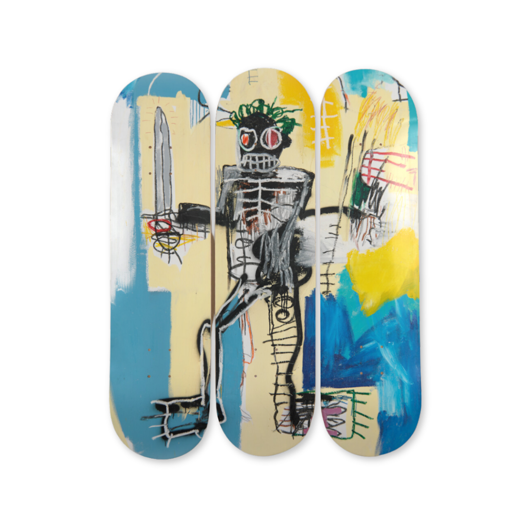 Jean-Michel Basquiat's Warrior (1982) skateboard art by the skateroom