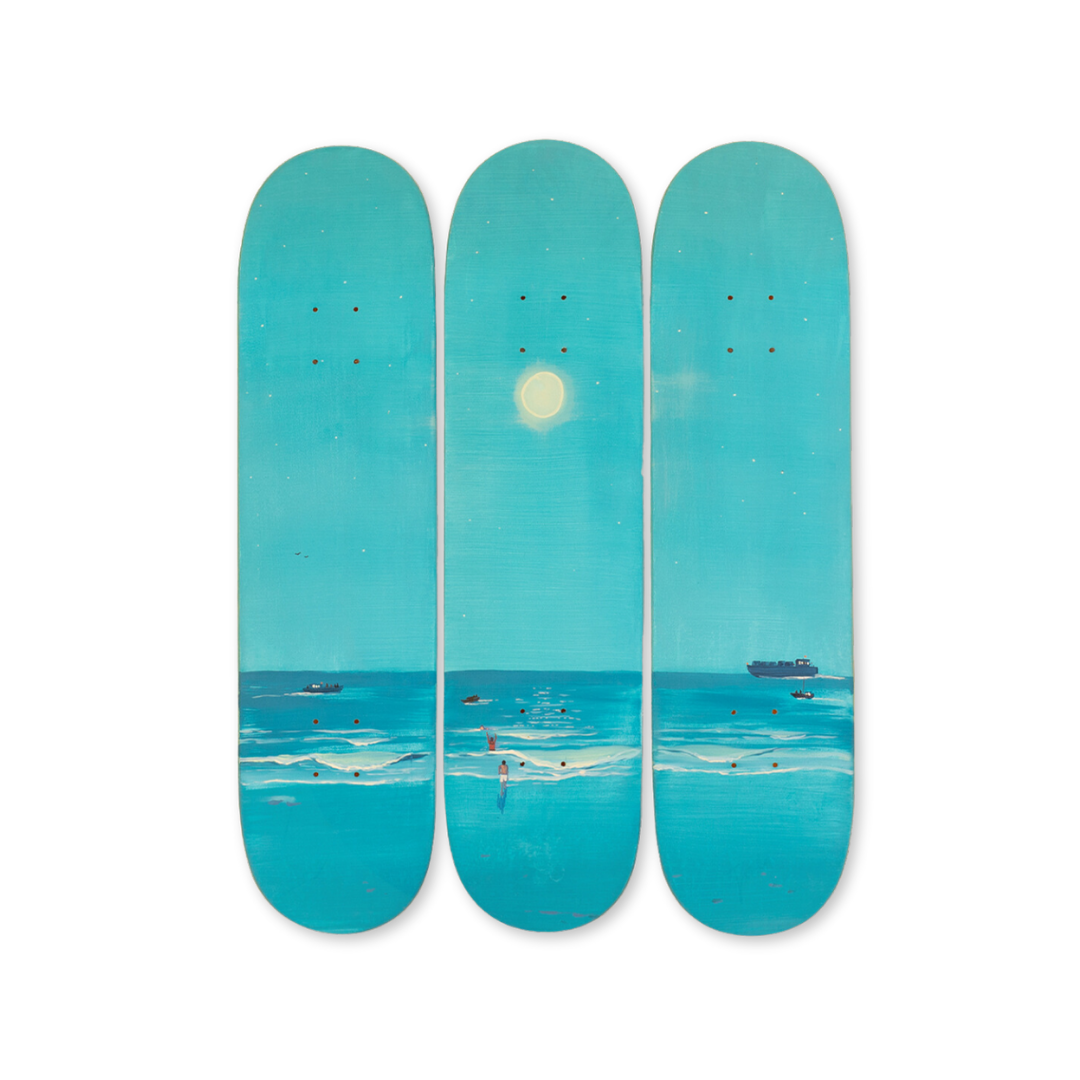 Jules De Balincourt's Beach Bot Blues skateboard art by the skateroom