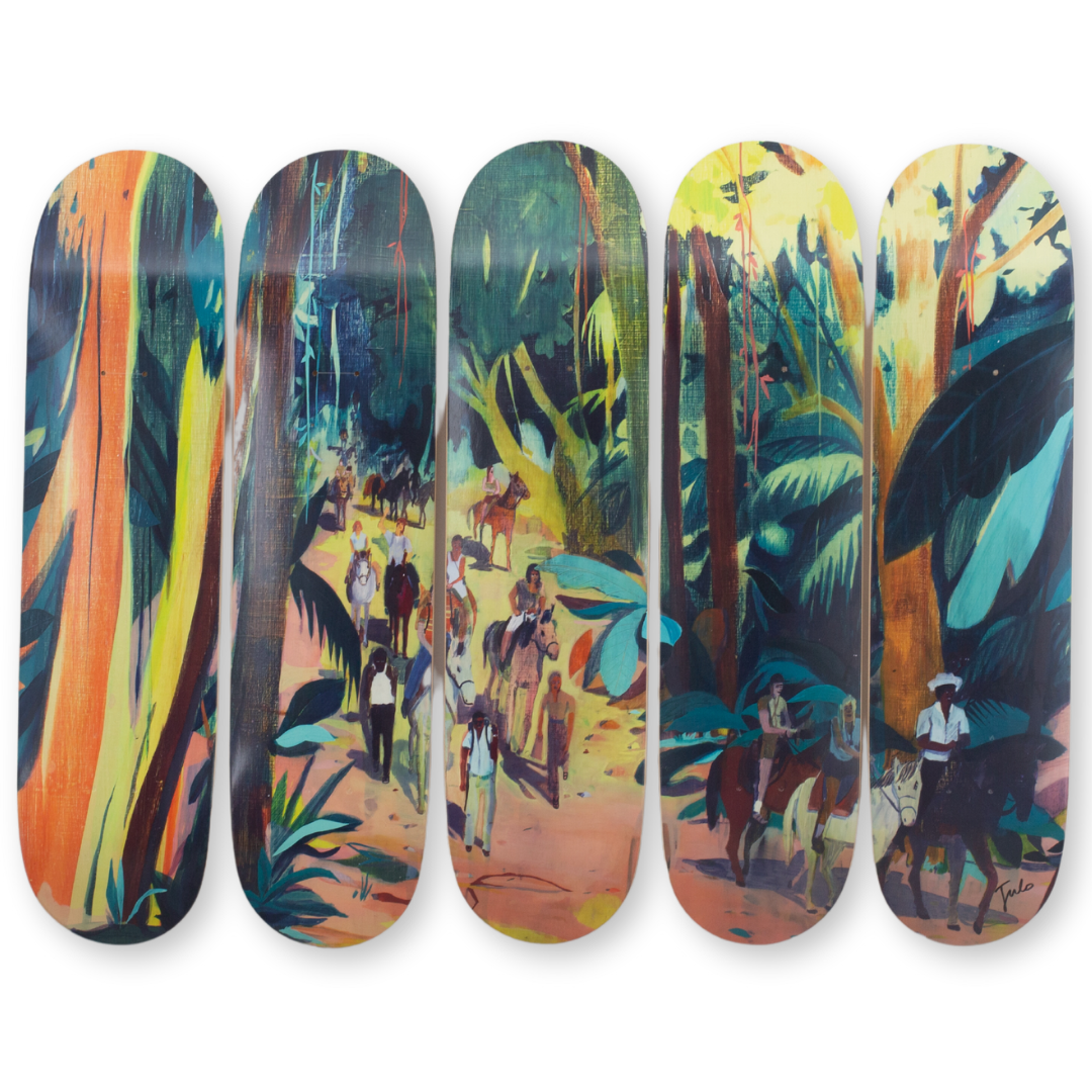 Jules De Balincourt's Expats Ticos and Gringos skateboard art by the skateroom