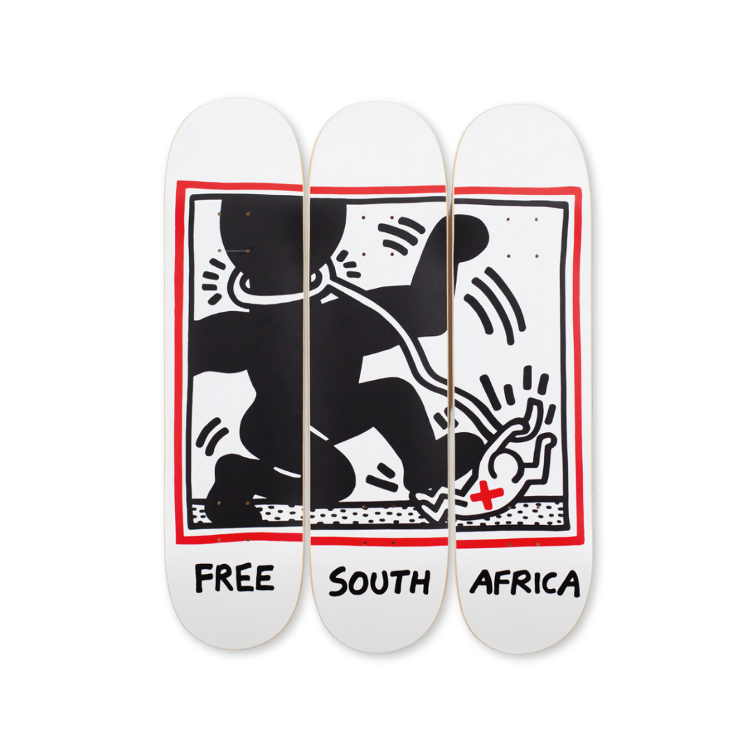 Keith Haring's Free South Africa skateboard art by the skateroom