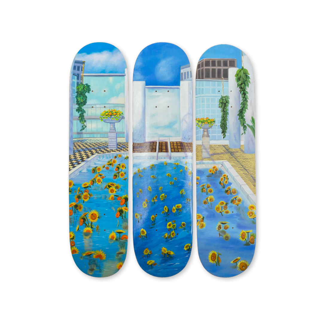 MAK2'S Home Sweet Home Sunflower Pool skateboard art by the skateroom