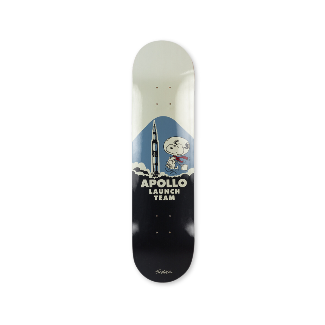 Charles M. Schulz's Apollo Launch skateboard art by the skateroom