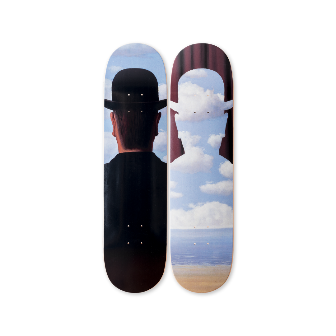 René Magritte's Décalcomanie skateboard art by the skateroom