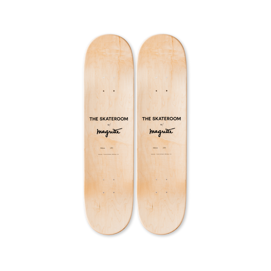 René Magritte's Décalcomanie skateboard art by the skateroom