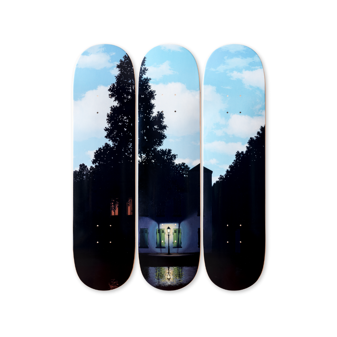 René Magritte's l'empire des lumières skateboard art by the skateroom