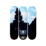 René Magritte's l'empire des lumières skateboard art by the skateroom