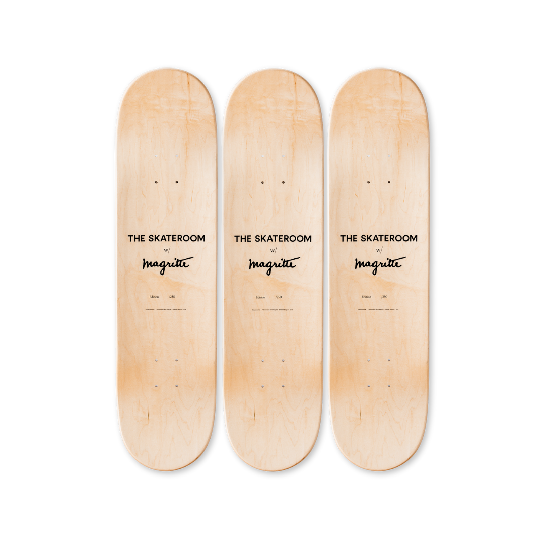 René Magritte's Le Retour skateboard art by the skateroom