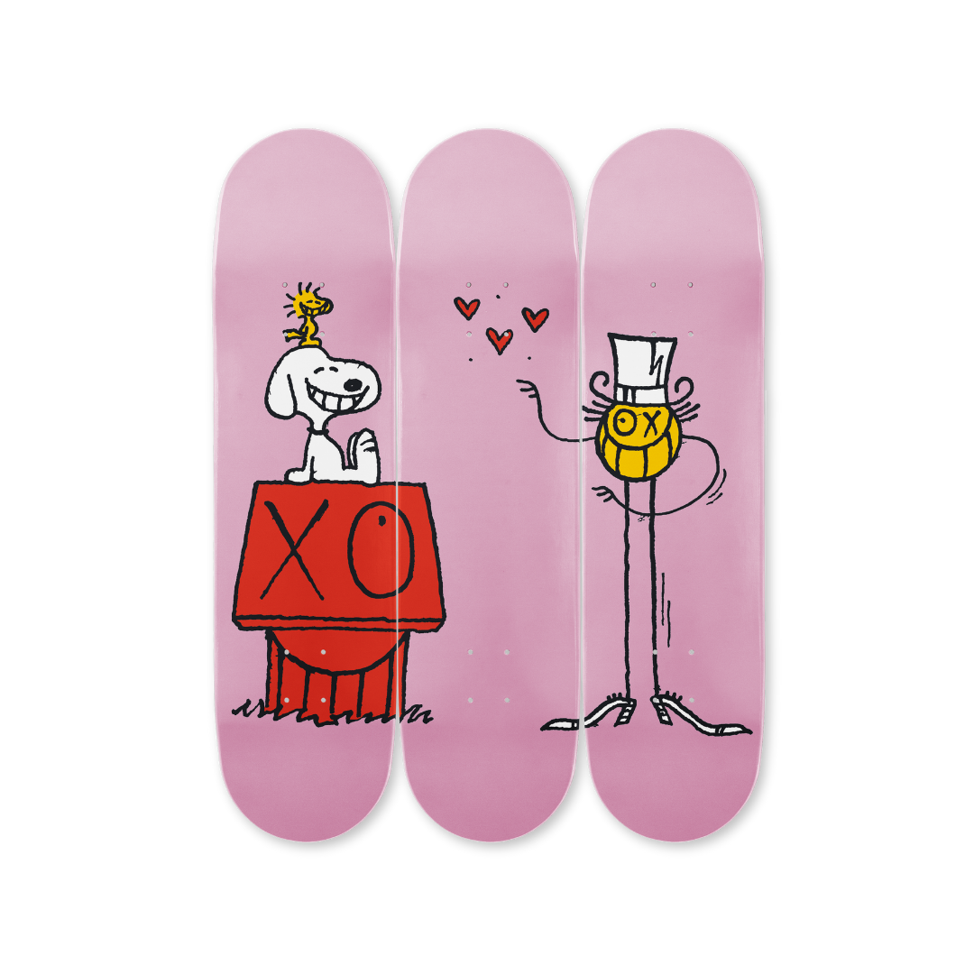 The Peanuts Global Artist Collective Tryptich by André Saraiva x Mr. A skateboard art by the skateroom