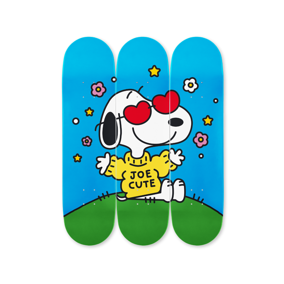 The Peanuts Global Artist Collective Tryptich by FriendsWithYou skateboard art by the skateroom