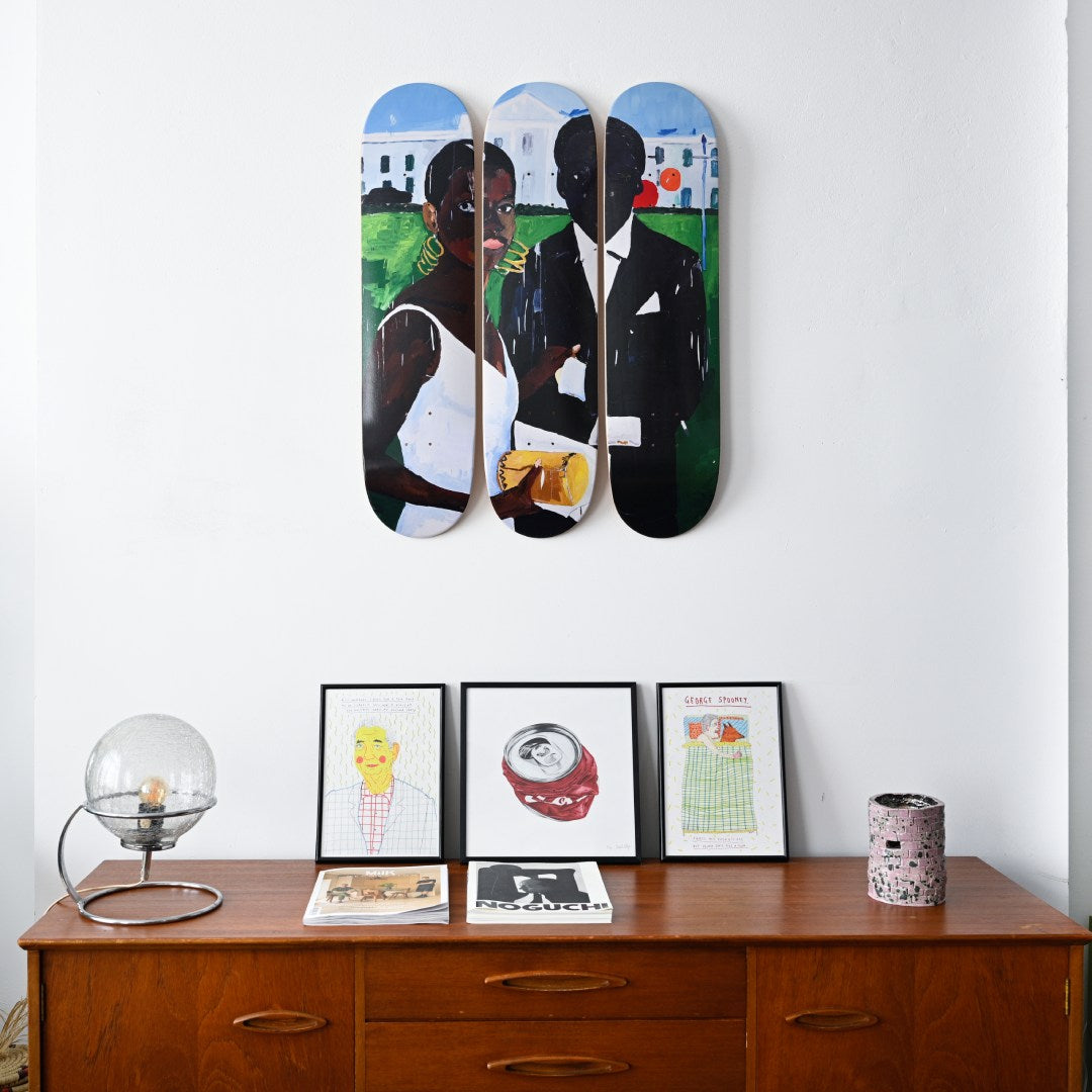 Henry Taylor triptych skate deck wall art by THE SKATEROOM in a mid-century interior