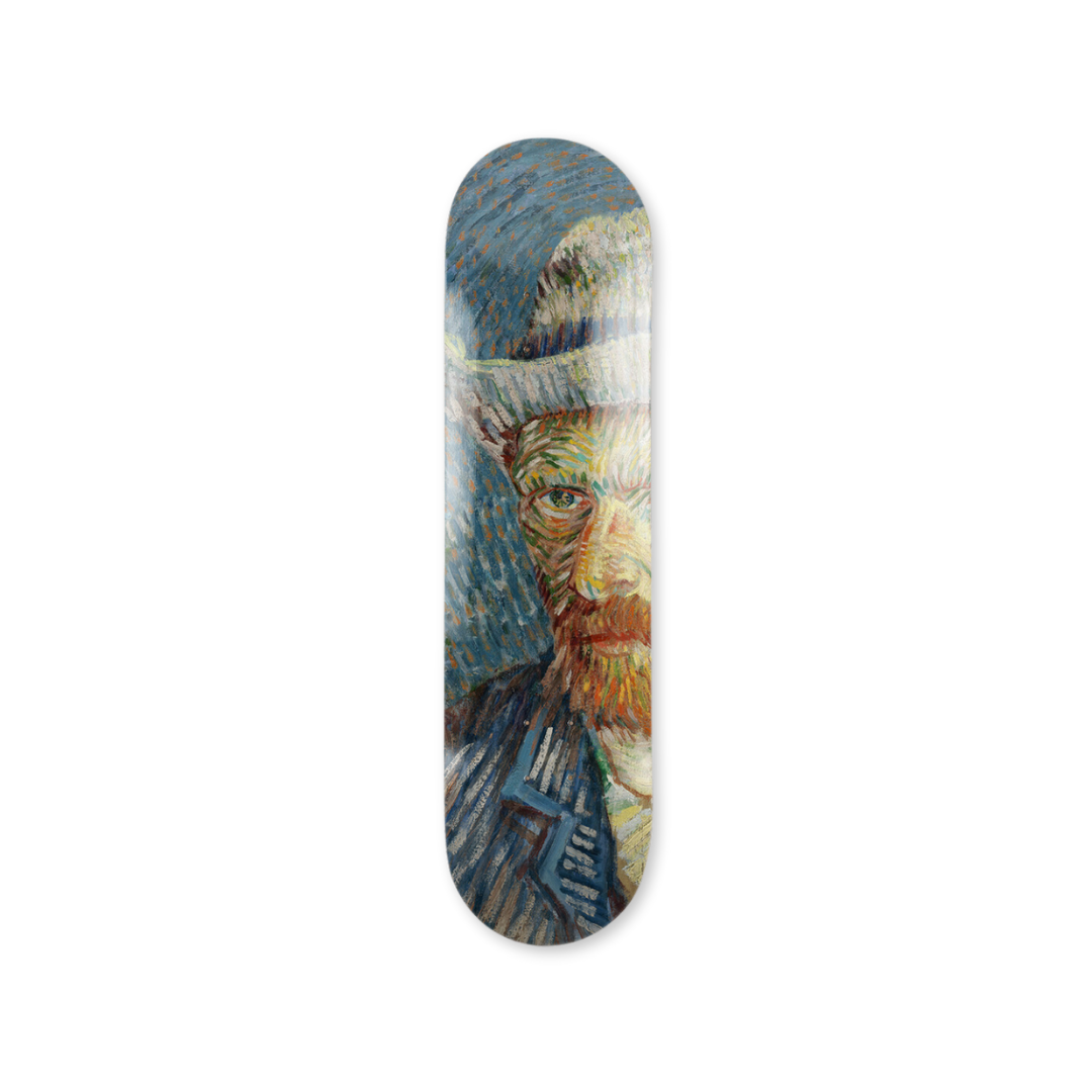 Vincent Van Gogh's Self Portrait with grey felt hat solo skateboard art by the skateroom