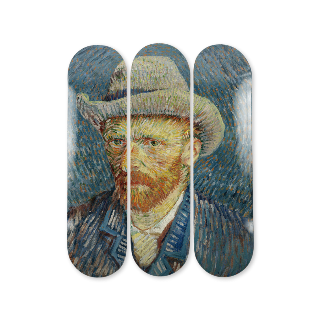Vincent Van Gogh's Self portrait with grey felt hat skateboard art by the skateroom