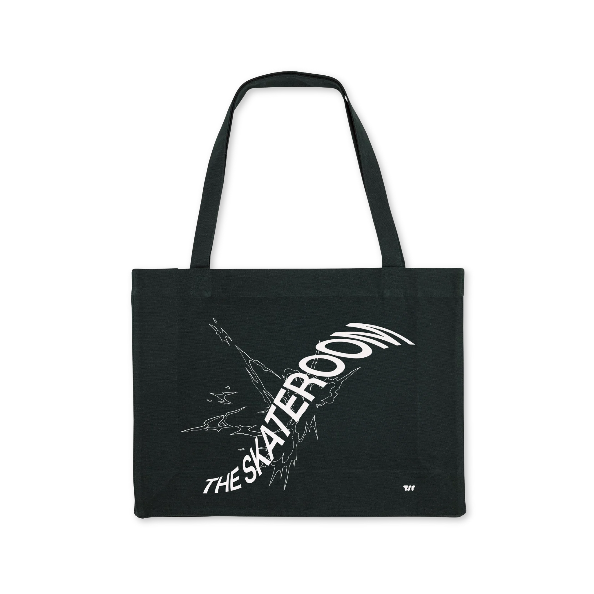 THE SKATEROOM Cabas Bag – Black eco-friendly tote bag with white graphic design, made from recycled cotton and polyester. Durable, spacious, and perfect for daily essentials.