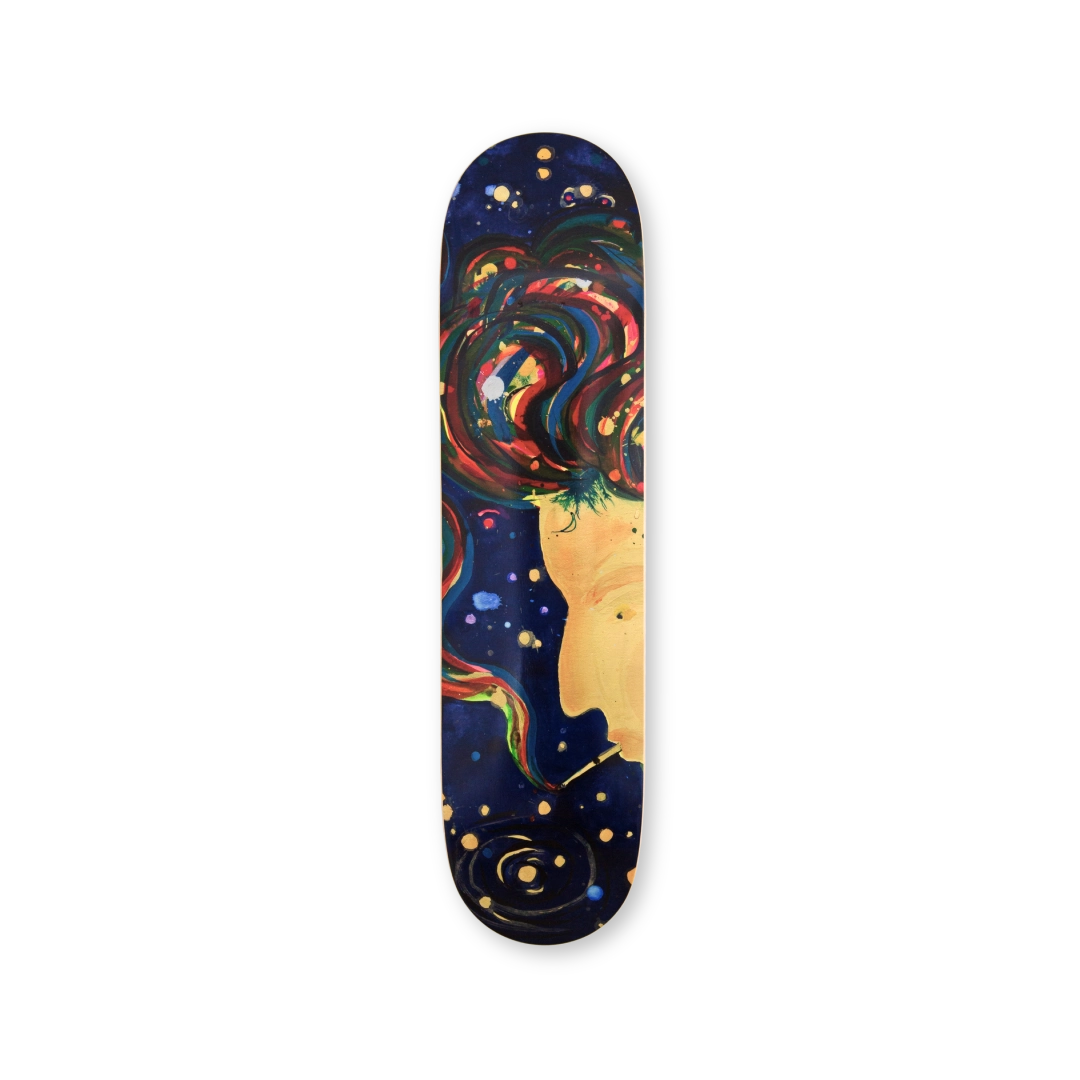 Limited-edition skateboard deck featuring 'It Takes a Lot O Medicine,' a collaborative artwork by Raymond Pettibon and Marcel Dzama. The design showcases a surreal portrait of Bob Dylan with swirling, colorful hair set against a cosmic night sky. Part of THE SKATEROOM's exclusive collection, available in a limited edition of 100.