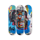 Triptych skate deck set with Jean-Michel Basquiat’s Untitled Head (Skull 2), 1982 — featuring a fragmented skull rendered in vivid color and line.