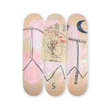 Three skate decks showing Jean-Michel Basquiat’s Both Poles (owned by Kim Kardashian)— abstract figures and gestures in contrasting tones across the set.