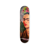 Frida Kahlo's 'Self-Portrait Dedicated to Dr. Eloesser' transformed into a skateboard deck by THE SKATEROOM. A stunning tribute to Kahlo’s resilience and artistry, featuring rich botanical details and her signature gaze.