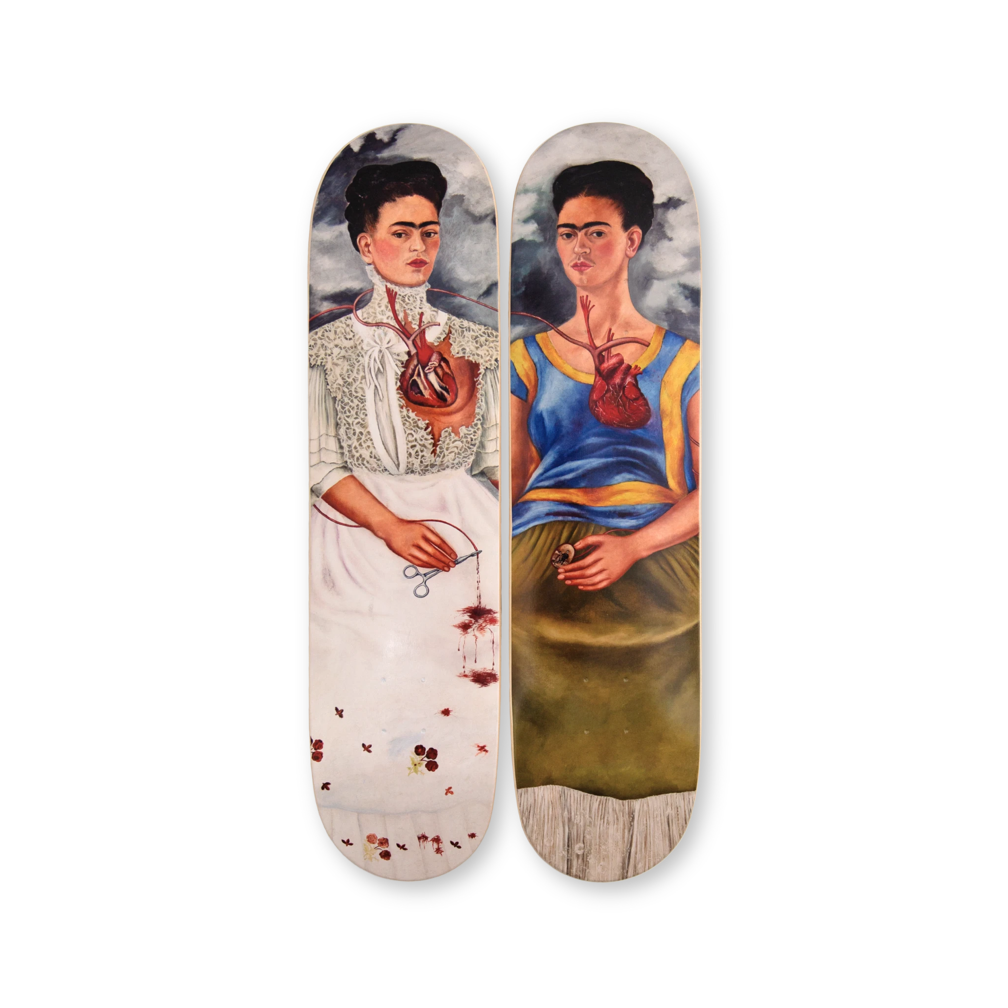 Frida Kahlo's 'The Two Fridas' artwork adapted onto a diptych skateboard deck set by THE SKATEROOM. This open edition showcases Kahlo’s powerful self-portrait exploring identity, duality, and emotional depth.