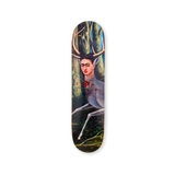 A high-quality skateboard deck featuring Frida Kahlo’s The Wounded Deer, depicting the artist as a wounded deer pierced by arrows, set against a dark forest background. Part of THE SKATEROOM’s Frida Kahlo Classics Collection.