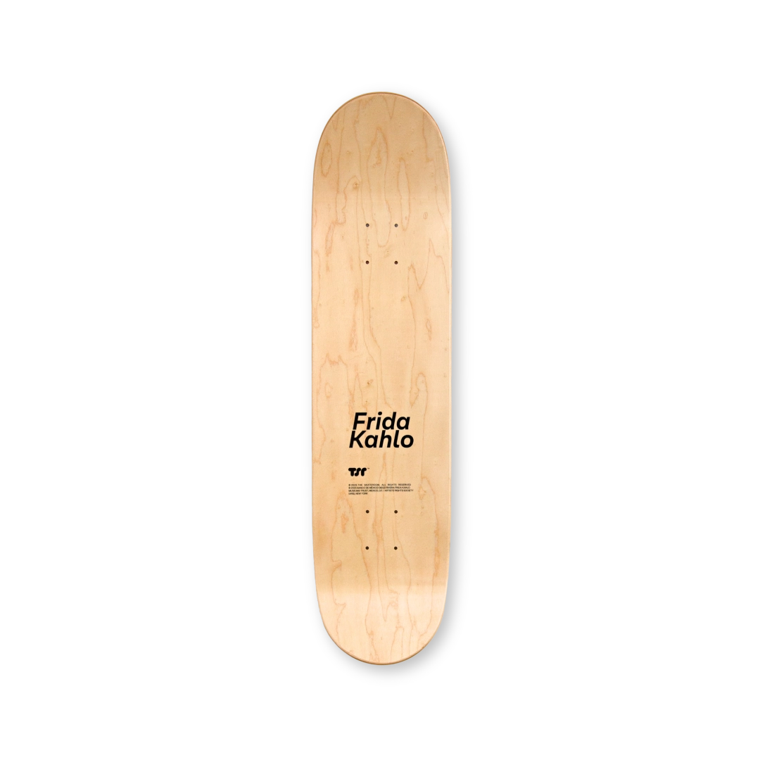 Back view of a Frida Kahlo skateboard deck by THE SKATEROOM, showcasing the artist's name and logo on natural wood grain.
