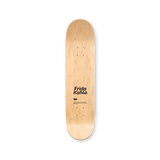 Back view of a Frida Kahlo skateboard deck by THE SKATEROOM, showcasing the artist's name and logo on natural wood grain.
