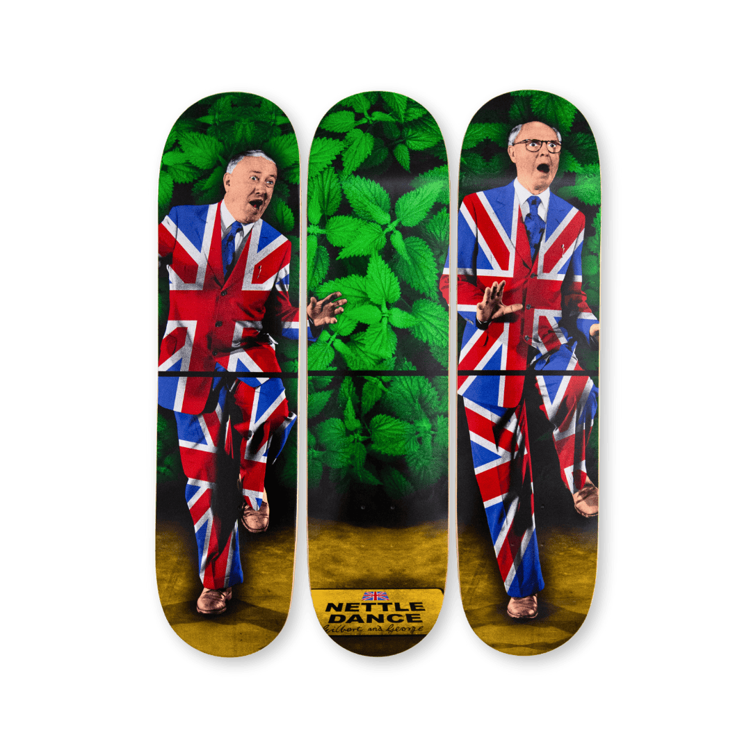 Packshot of The Nettle Dance skate decks by Gilbert & George and THE SKATEROOM