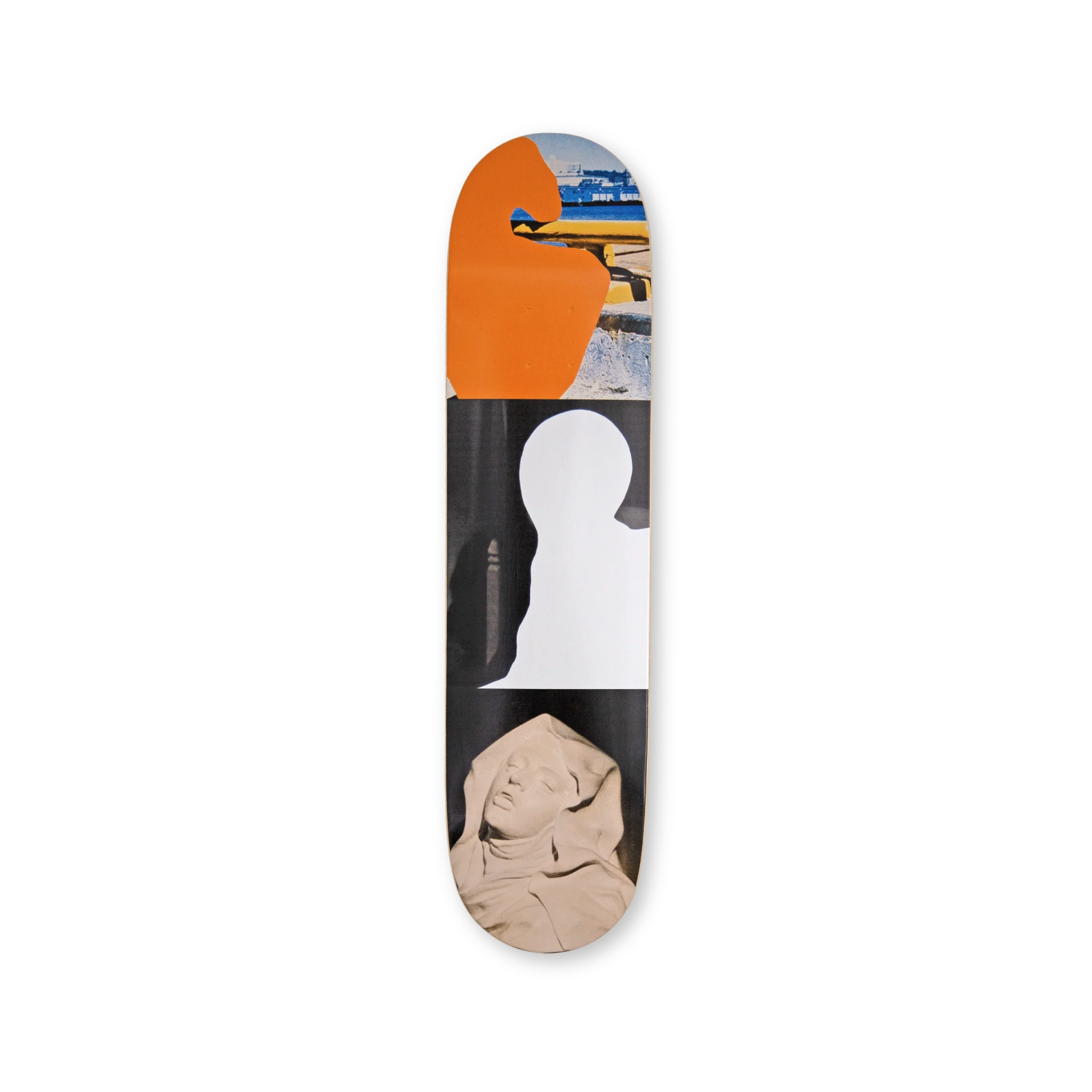 John Baldessari solo skateboard deck with abstract silhouettes and colorful shapes, by THE SKATEROOM.