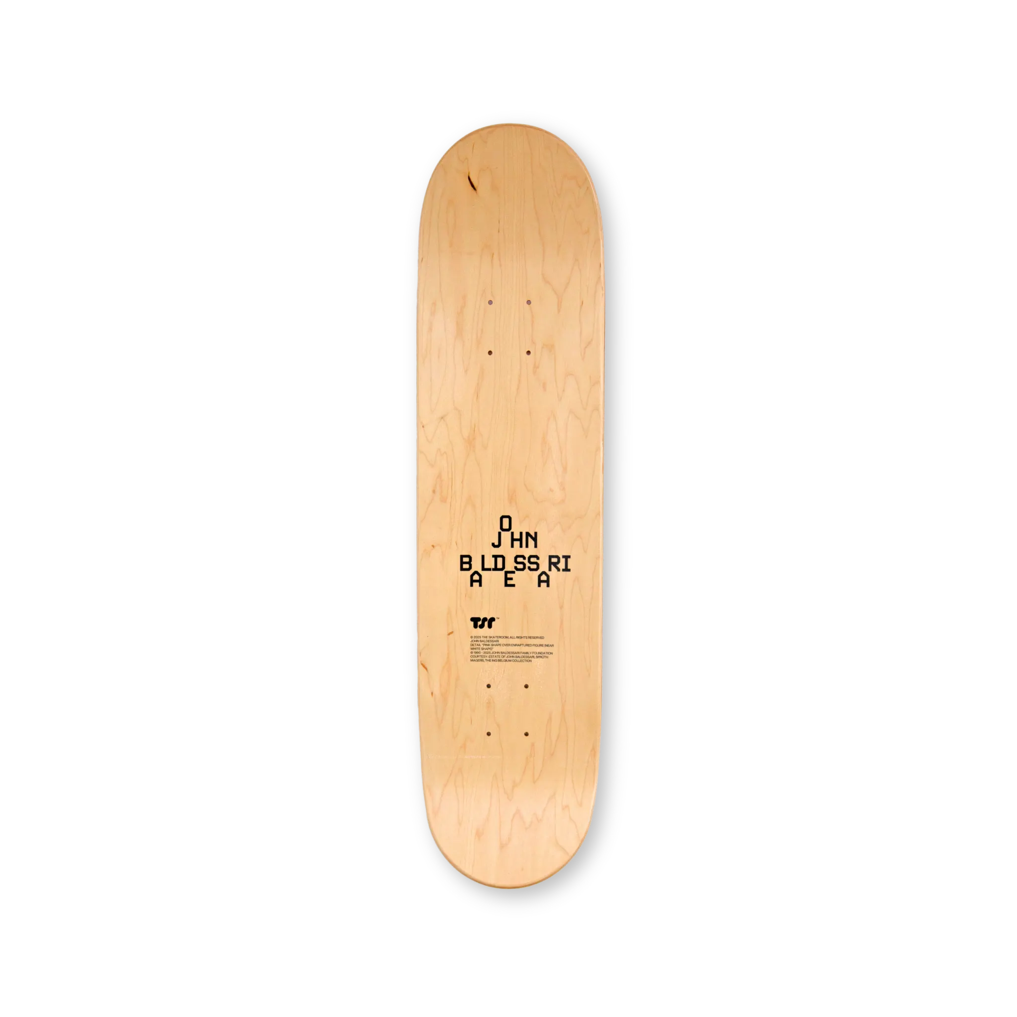 Top print of the John Baldessari and THE SKATEROOM skateboard decks.
