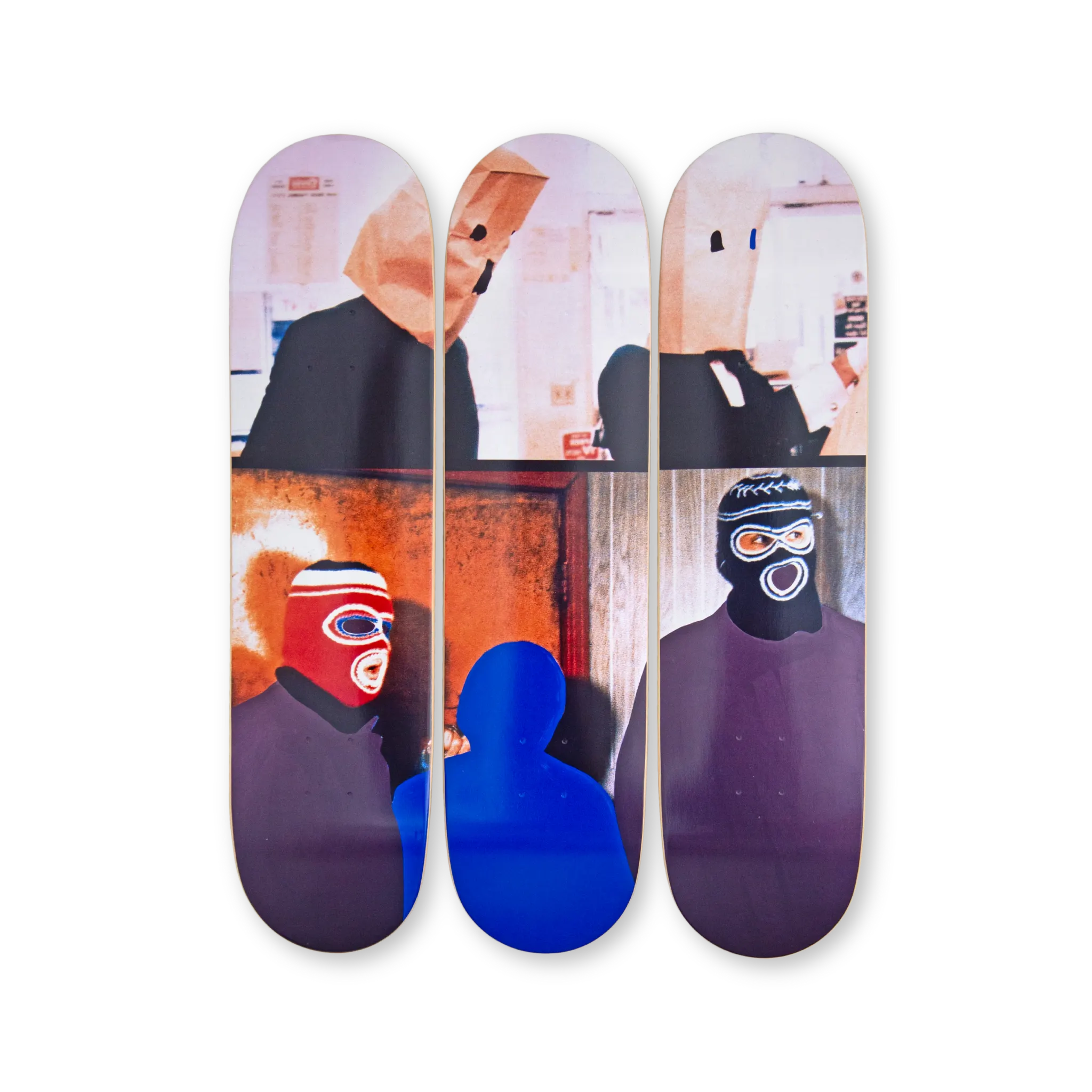 John Baldessari triptych skateboard set featuring masked figures and a blue silhouette, produced by THE SKATEROOM.
