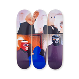 John Baldessari triptych skateboard set featuring masked figures and a blue silhouette, produced by THE SKATEROOM.