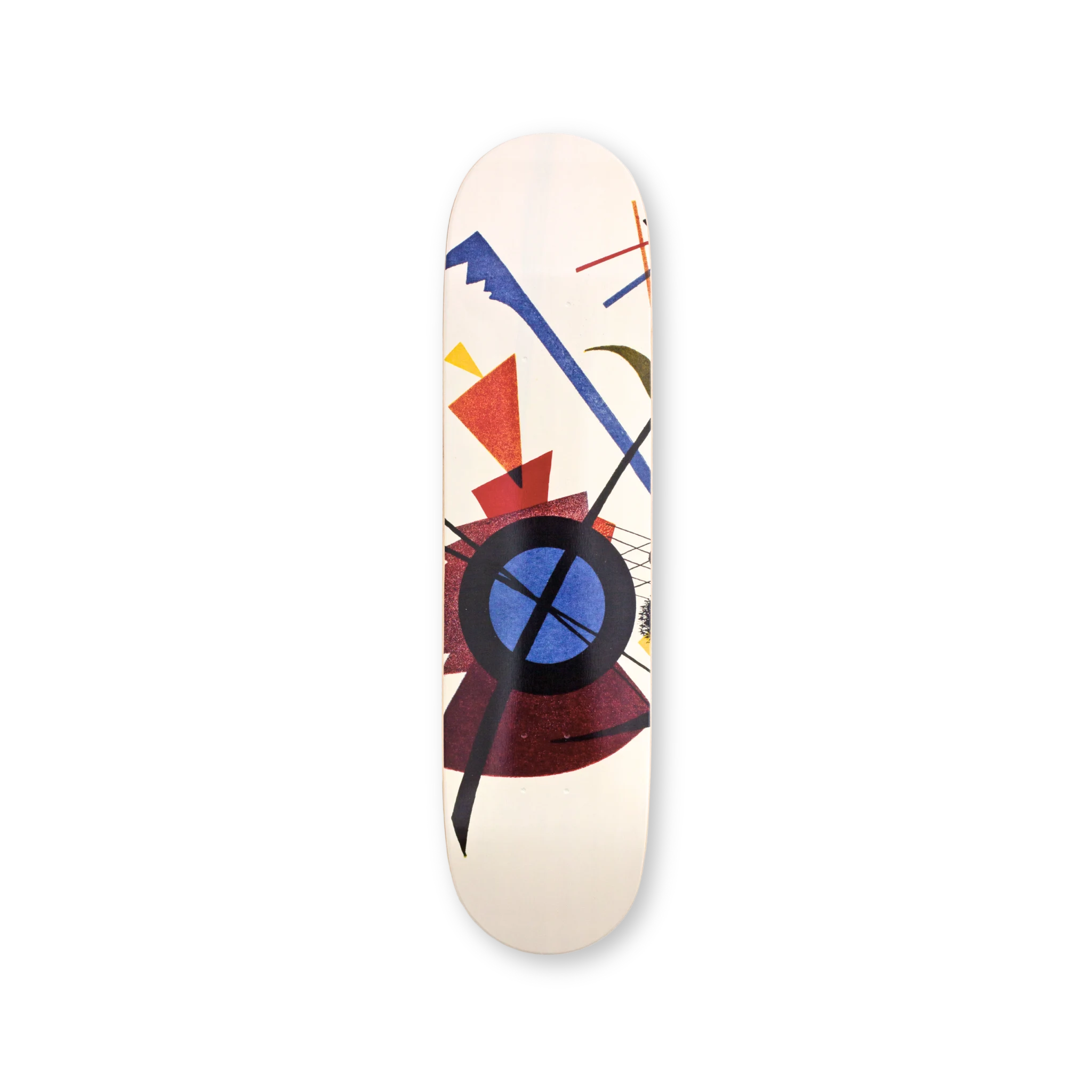 Violet” solo skateboard deck by Wassily Kandinsky – bold constructivist composition with intersecting geometric forms in red, blue, and black on a cream background. Part of THE SKATEROOM’s collection supporting social skate and education projects.