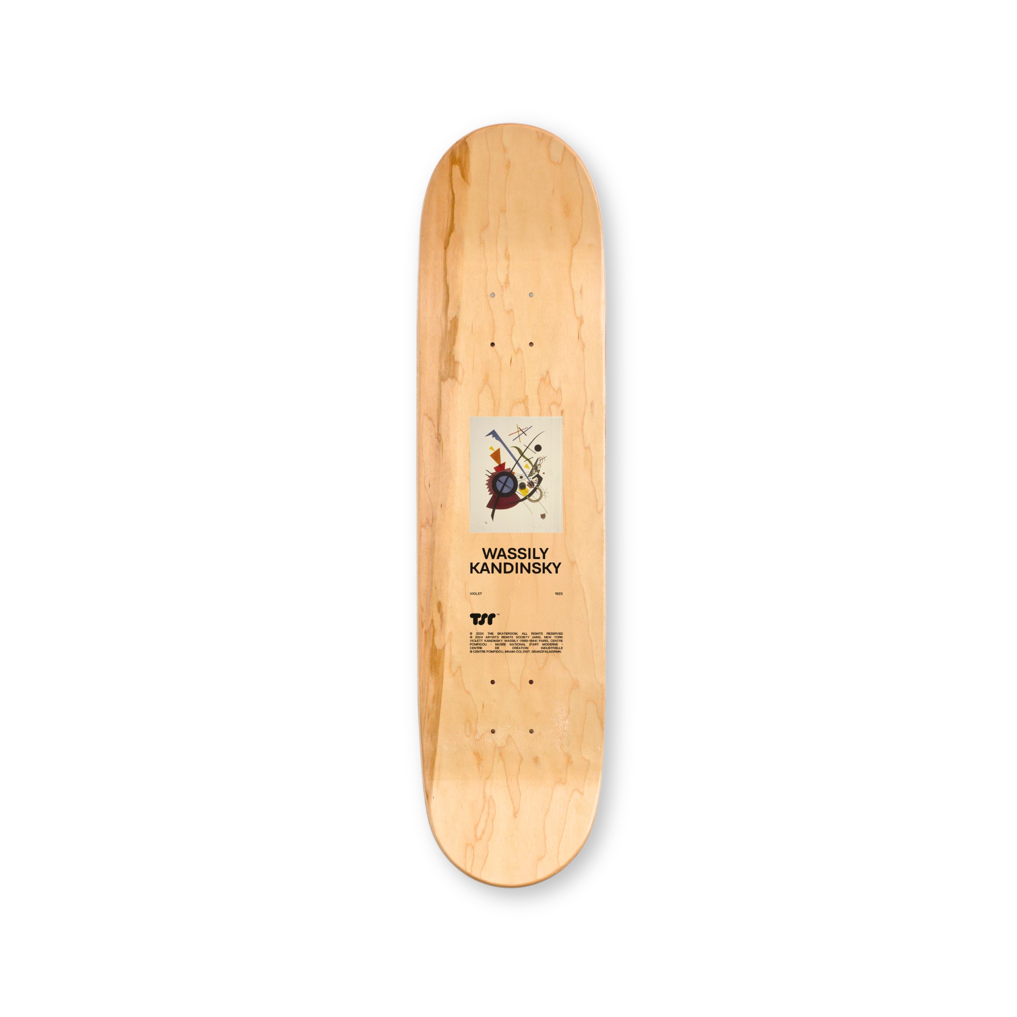 Top print of “Violet” solo skateboard deck by Wassily Kandinsky – natural wood finish with central artwork placement, artist signature, and THE SKATEROOM branding supporting skate and education initiatives.