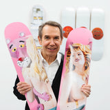 artist jeff koons with the skateroom pink panther skate decks