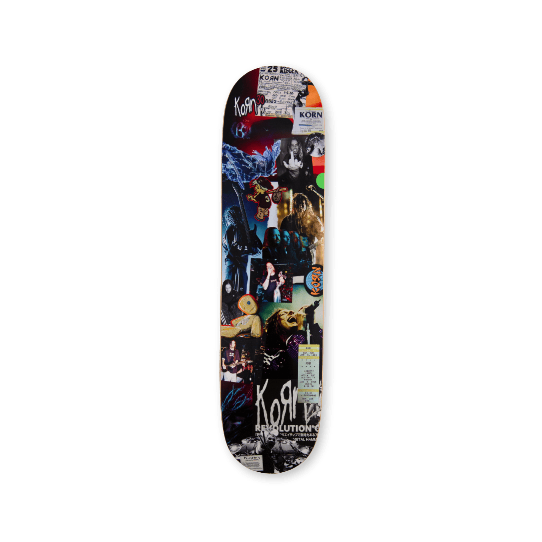 Packshot of "Kollage" skate deck by THE SKATEROOM to celebrate Korn's 30 years anniversary