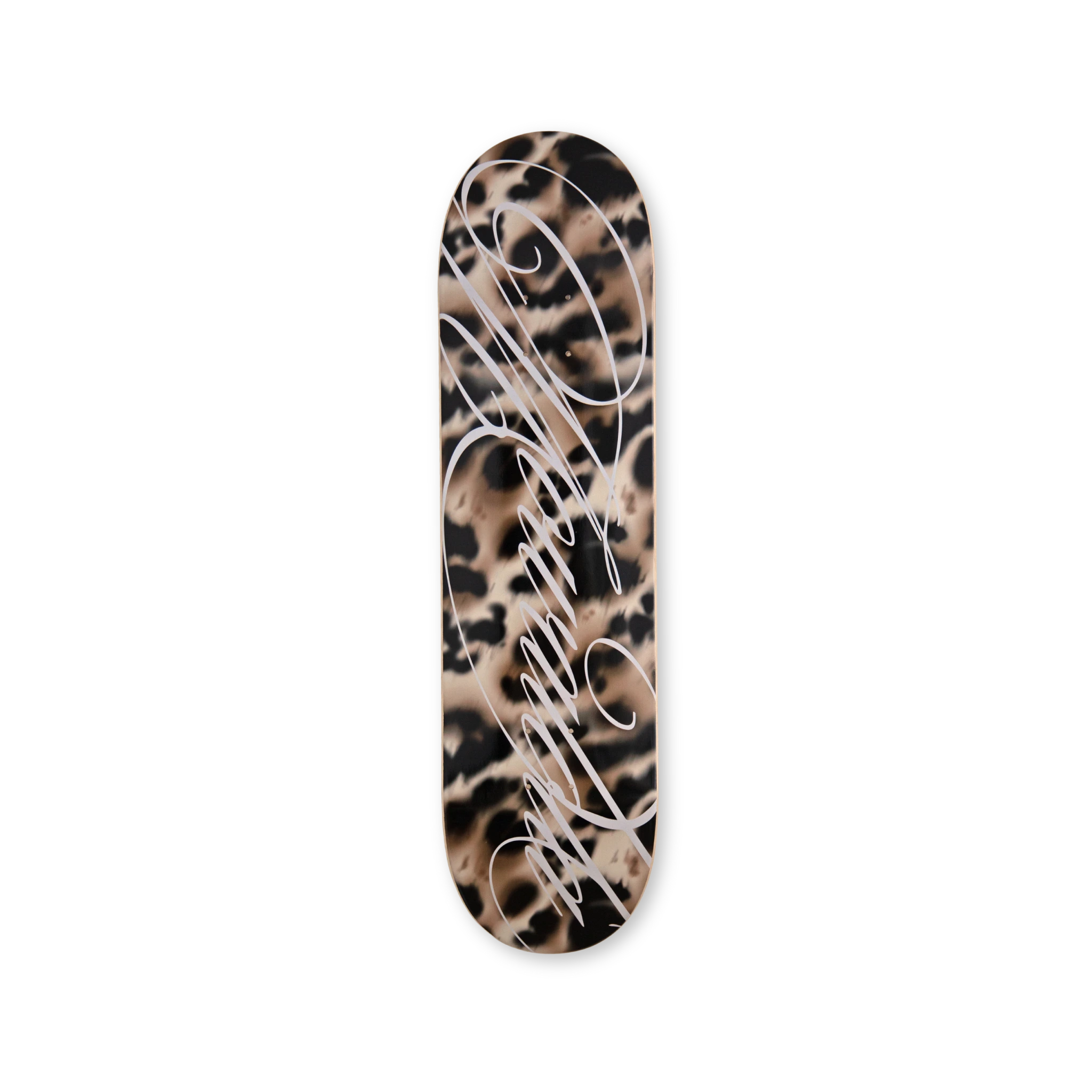 Mowalola Cheetah Skateboard – leopard print deck with bold white script. Limited edition from THE SKATEROOM x Mowalola.