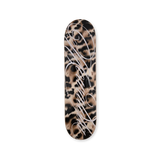 Mowalola Cheetah Skateboard – leopard print deck with bold white script. Limited edition from THE SKATEROOM x Mowalola.