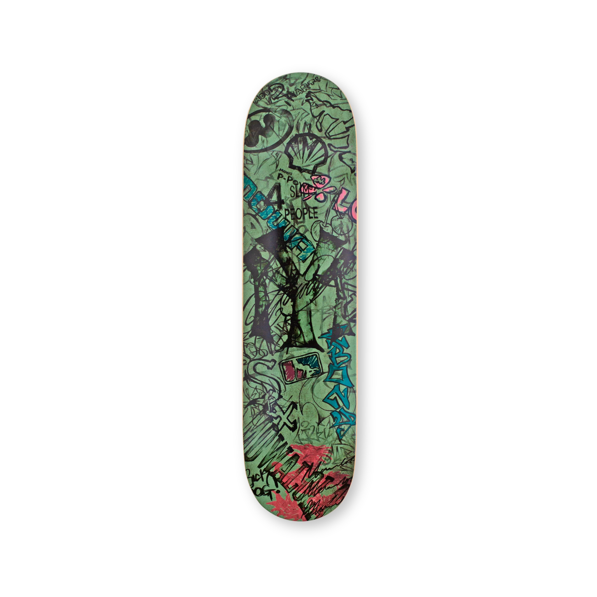 Mowalola Graffiti Skateboard – raw green deck with layered street-art typography and sketches. Bold collaboration with THE SKATEROOM.