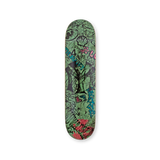 Mowalola Graffiti Skateboard – raw green deck with layered street-art typography and sketches. Bold collaboration with THE SKATEROOM.