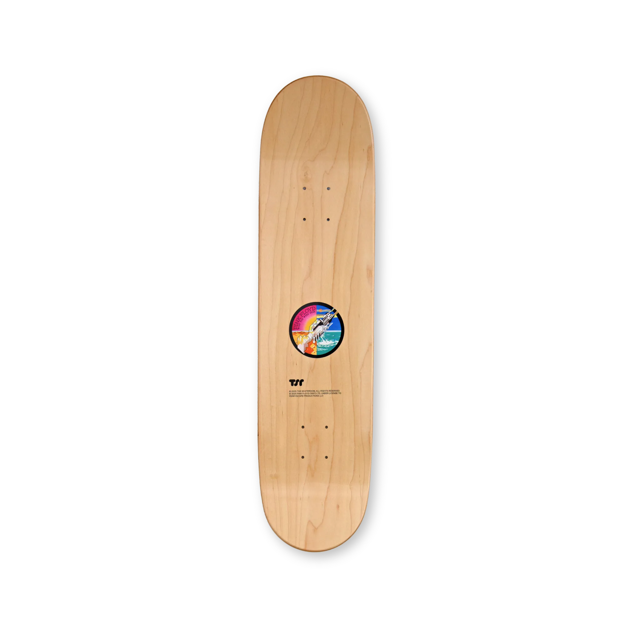 Top print of the Pink Floyd Wish You Were Here skate decks by THE SKATEROOM, showing copyright lines and the original logo.