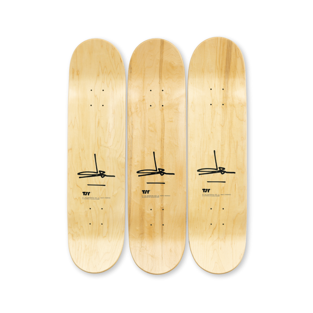 triptych top print skateboard artwork from artist Olaolu SLAWN in collaboration with THE SKATEROOM