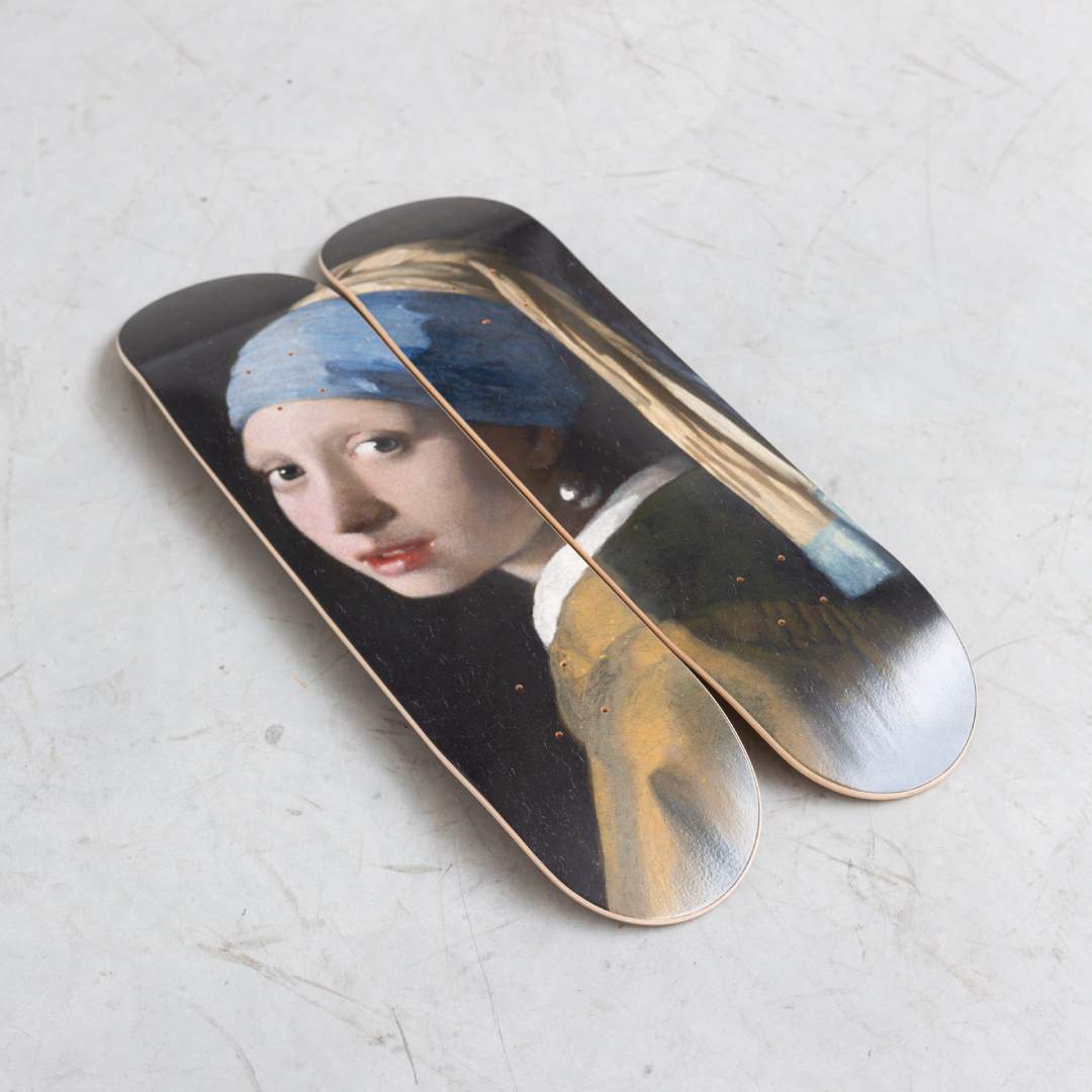 Girl with the Pearl Earring artwork reimagined on skateboard deck