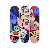 VEXX ‘The Life of the Party’ Original Triptych #4 featuring hand-painted skate decks with a central humanoid cat figure, layered pink and purple limbs, cartoon flames, and wide-eyed characters in bold colors.