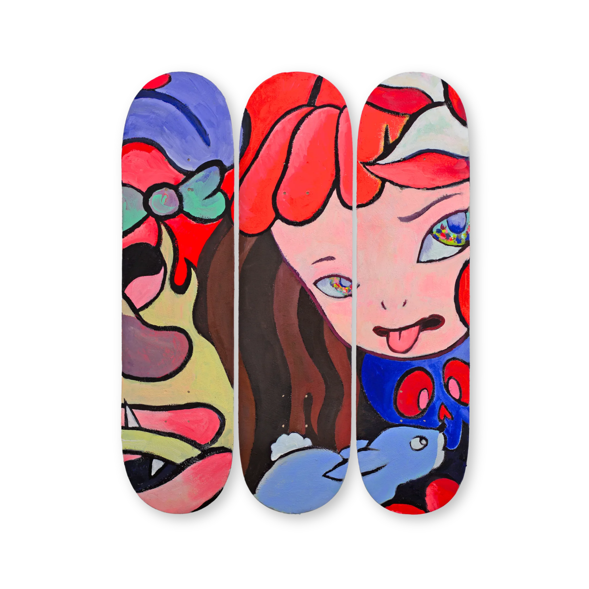 VEXX ‘The Life of the Party’ Original Triptych #5 featuring hand-painted skate decks with a surreal girl’s face, multicolored eyes, red hair, and playful tongue-out expression, surrounded by abstract forms and bold outlines.